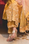 Buy_Surbhi Shah_Yellow Spun Silk Embroidery Pearl Notched Gota Straight Kurta And Pant Set _Online_at_Aza_Fashions