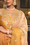 Surbhi Shah_Yellow Spun Silk Embroidery Pearl Notched Gota Straight Kurta And Pant Set _at_Aza_Fashions