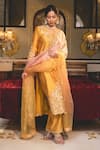 Buy_Surbhi Shah_Yellow Spun Silk Embroidery Pearl Notched Gota Straight Kurta And Pant Set 