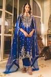 Buy_Surbhi Shah_Blue Spandex, Chiffon Pearls, Embroidery Split V-neck Straight Kurta And Pant _at_Aza_Fashions