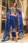 Surbhi Shah_Blue Spandex, Chiffon Pearls, Embroidery Split V-neck Straight Kurta And Pant _Online_at_Aza_Fashions