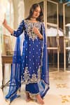 Surbhi Shah_Blue Spandex, Chiffon Pearls, Embroidery Split V-neck Straight Kurta And Pant _at_Aza_Fashions