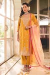 Buy_Surbhi Shah_Yellow Spun Silk Embroidery Cutdana Leaf Marori Straight Kurta And Pant Set _at_Aza_Fashions