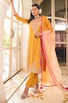 Shop_Surbhi Shah_Yellow Spun Silk Embroidery Cutdana Leaf Marori Straight Kurta And Pant Set _Online_at_Aza_Fashions