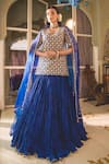 Buy_Surbhi Shah_Blue Spun Silk Embroidery Geometric Leaf Zardosi Kurta And Lehenga Set _at_Aza_Fashions