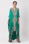 Shop_Anamika Khanna_Green Embroidered Floral V Neck Kaftan And Draped Skirt Set _Online_at_Aza_Fashions