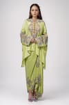 Buy_Anamika Khanna_Green Embroidered Floral Round Kaftan Tunic And Draped Skirt Set _at_Aza_Fashions