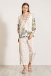 RANNA GILL_Ivory Linen Blend Printed Architectural V Neck Annabella Top _at_Aza_Fashions