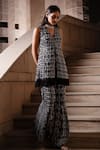 Shop_Seeaash_Black Georgette Embroidery Checks V-neck Sequin Tunic With Sharara _at_Aza_Fashions