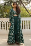 Buy_Paulmi and Harsh_Green Silver Jacquard Print Florence Sweetheart Bloom Jacket Draped Skirt Set _at_Aza_Fashions