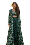 Buy_Paulmi and Harsh_Green Silver Jacquard Print Florence Sweetheart Bloom Jacket Draped Skirt Set _Online_at_Aza_Fashions