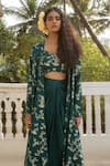 Shop_Paulmi and Harsh_Green Silver Jacquard Print Florence Sweetheart Bloom Jacket Draped Skirt Set _Online_at_Aza_Fashions