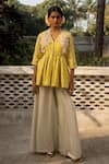 Buy_Paulmi and Harsh_Yellow Cotton Silk Print Vintage Bloom V Neck Peplum Kurti With Palazzo Pant _at_Aza_Fashions