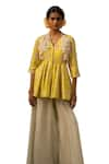 Buy_Paulmi and Harsh_Yellow Cotton Silk Print Vintage Bloom V Neck Peplum Kurti With Palazzo Pant _Online_at_Aza_Fashions