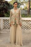 Buy_Paulmi and Harsh_Ivory Chiniya Silk Print Mellow Bloom V Neck Peplum Kurti With Palazzo Pant _at_Aza_Fashions