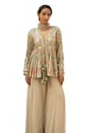 Shop_Paulmi and Harsh_Ivory Chiniya Silk Print Mellow Bloom V Neck Peplum Kurti With Palazzo Pant _Online_at_Aza_Fashions