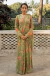 Buy_Paulmi and Harsh_Green Georgette Print Flora Bloom High Embellished Pre Draped Saree With Blouse _at_Aza_Fashions