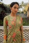 Buy_Paulmi and Harsh_Green Georgette Print Flora Bloom High Embellished Pre Draped Saree With Blouse _Online_at_Aza_Fashions