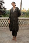 Buy_Paulmi and Harsh_Black Habutai Silk Print Deer Ecstasy Stand Collar V Neck Kurta With Pant _at_Aza_Fashions