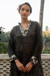 Shop_Paulmi and Harsh_Black Habutai Silk Print Deer Ecstasy Stand Collar V Neck Kurta With Pant _Online_at_Aza_Fashions