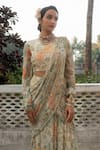 Paulmi and Harsh_Ivory Georgette Print Carnation Flora Embellished Pre Draped Saree With Blouse _Online_at_Aza_Fashions