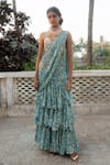 Buy_Paulmi and Harsh_Blue Georgette Print Ivy Bloom Sweetheart Pre-draped Ruffle Saree With Blouse _at_Aza_Fashions