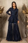 Buy_Ritika Mirchandani_Blue Crepe Embellished Crystal Sofiya Geometric Bead Peplum Kurta Sharara Set _at_Aza_Fashions