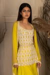 Shop_Ritika Mirchandani_Yellow Crepe Embellished Crystal Cape Open Viktoriya Border Kurta Set _at_Aza_Fashions