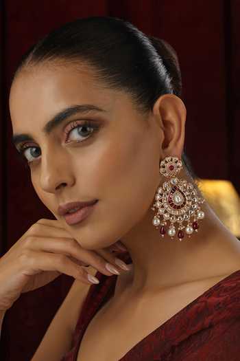 Buy_Swabhimann_Red Pearls, Stones, Beads Polki Studded Floral Chandbali Earrings _at_Aza_Fashions