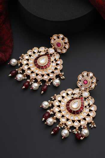 Shop_Swabhimann_Red Pearls, Stones, Beads Polki Studded Floral Chandbali Earrings _at_Aza_Fashions