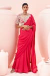 Buy_Bhumika Sharma_Fuchsia Georgette Embroidered Thread Plunge Hem Saree With Bahaar Blouse _at_Aza_Fashions