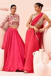 Buy_Bhumika Sharma_Fuchsia Georgette Embroidered Stone Retro Ruffle Pre-draped Saree With Blouse _Online_at_Aza_Fashions