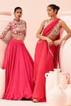 Bhumika Sharma_Fuchsia Twill Organza Embroidered Floral High Retro Blouse With Lehenga _Online_at_Aza_Fashions