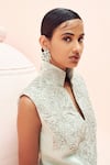 Bhumika Sharma_Blue Linen Embroidered High Neck Jacket And Flared Pant _Online_at_Aza_Fashions