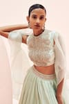 Bhumika Sharma_Blue Twill Organza Embroidered Stone Blouse High Waist Lehenga Set With Cape _Online_at_Aza_Fashions