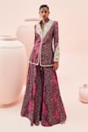 Buy_Bhumika Sharma_Burgundy Georgette Printed Rosette Collared Jacket With Sharara _at_Aza_Fashions