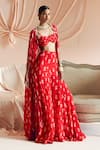 Buy_Bhumika Sharma_Red Georgette Printed Floret Bustier Scarlet Flared Pant Set With Cape _at_Aza_Fashions