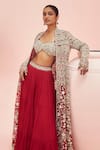 Bhumika Sharma_Red Georgette Embroidered Floral Bustier Sweetheart Jacket With Pant Set _Online_at_Aza_Fashions