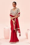 Buy_Bhumika Sharma_Red Georgette Embroidered Floral V Neck Hem Saree With Blouse _at_Aza_Fashions