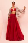 Buy_Bhumika Sharma_Red Organza Embroidered Bustier Plunge Sweetheart Short Jacket With Lehenga Set _at_Aza_Fashions