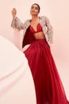 Bhumika Sharma_Red Organza Embroidered Bustier Plunge Sweetheart Short Jacket With Lehenga Set _Online_at_Aza_Fashions