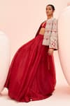 Buy_Bhumika Sharma_Red Organza Embroidered Bustier Plunge Sweetheart Short Jacket With Lehenga Set _Online_at_Aza_Fashions