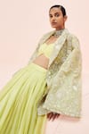 Bhumika Sharma_Green Organza Embroidered Bustier Plunge Sweetheart Jacket With Lehenga Set _at_Aza_Fashions