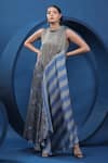 Buy_Coeur_Blue Organza Satin Printed Traditional Folk Band Dual Asymmetric Dress _at_Aza_Fashions