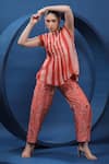 Buy_Coeur_Red Organza Satin Printed Traditional Folk Boat Vertical Stripe Top With Pant _at_Aza_Fashions