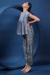 Coeur_Blue Organza Satin Printed Traditional Folk Boat Vertical Stripe Top And Pant Set _Online_at_Aza_Fashions