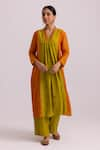 Shop_Label Shreya Sharma_Green Kurta And Pant Chanderi Embroidered Sequin Raised Neck Colourblock Set _Online_at_Aza_Fashions