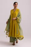 Shop_Label Shreya Sharma_Yellow Kurta And Pant Chanderi Embroidered Sequin Raised Neck Butti Set _Online_at_Aza_Fashions