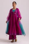 Label Shreya Sharma_Magenta Anarkali And Pant Chanderi Embroidered Sequin Cross Panel Angarkha Set _Online_at_Aza_Fashions