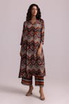 Shop_Label Shreya Sharma_Brown Crepe Knit Pattern V-neck Kurta With Pant _at_Aza_Fashions